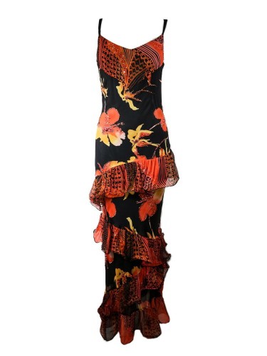 Vestido estampado con pedrería y volantes, negro orange