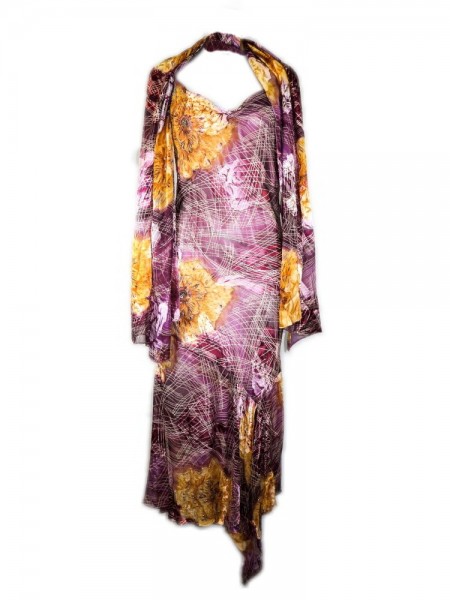 Vestido estampado con pedrería, lila y amarillo