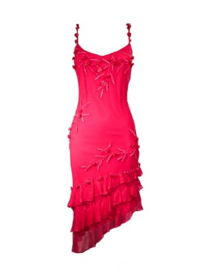 Vestido fucsia con pedrería y volantes asimétrico