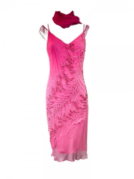 Vestido V midi fucsia con pedrería