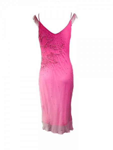 Vestido V midi fucsia con pedrería