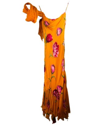 Vestido naranja estampado brocado floral con pedrería 2
