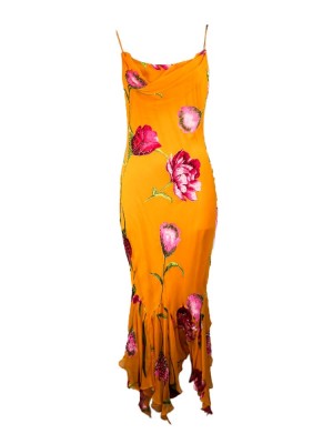 Vestido naranja estampado brocado floral con pedrería