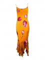 Vestido naranja estampado brocado floral con pedrería