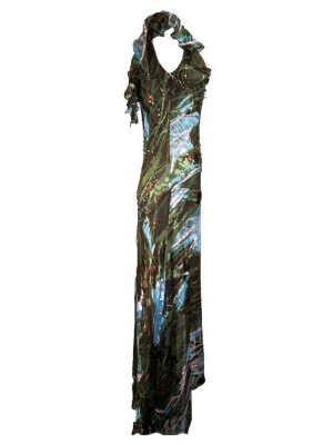 Vestido estampado con pedrería, verde alga y salvia con turquesas 2