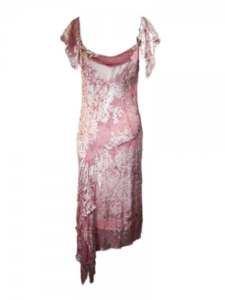 Vestido rosa palo con brocado floral marfil