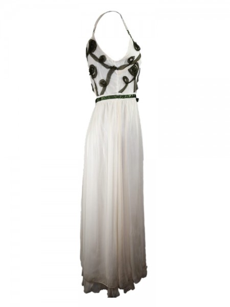 Vestido largo beige con tiras verdes