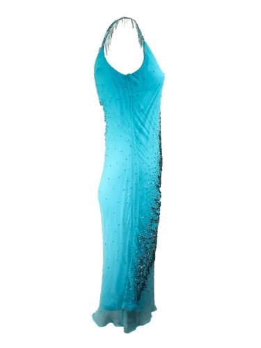 Vestido V midi azul con pedrería Vestido V midi azul con pedrería