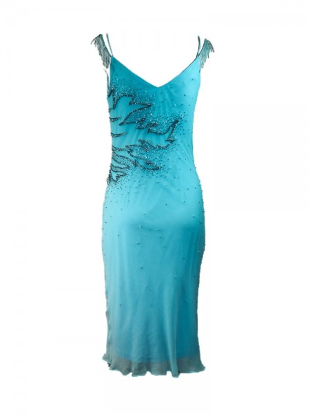 Vestido V midi azul con pedrería