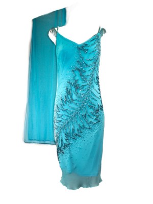 Vestido V midi azul con pedrería