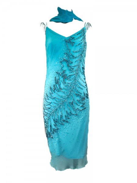 Vestido V midi azul con pedrería