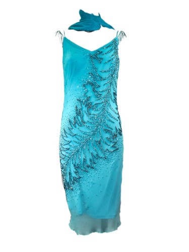 Vestido V midi azul con pedrería Vestido V midi azul con pedrería