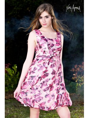 Vestido de organza estampado petalos rosa con lazo