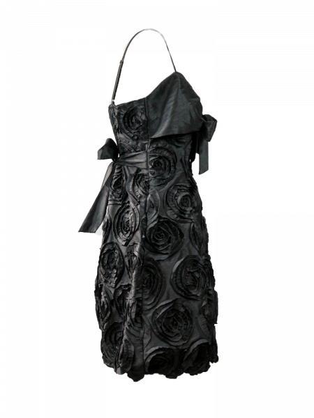 Vestido corto balloon, negro, con rosetones