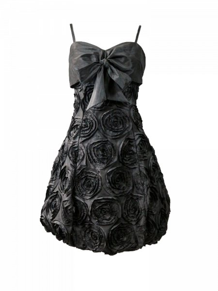Vestido corto balloon, negro, con rosetones