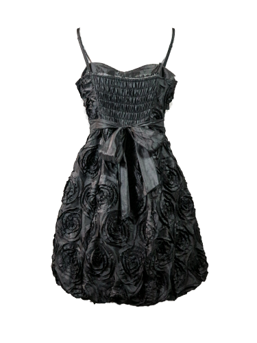 Vestido corto balloon, negro, con rosetones