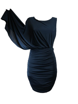 VESTIDO DRAPEADO AZUL NAVY MANGA CAPA