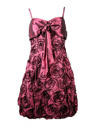 Vestido corto balloon, fucsia, con rosetones, delantero Vestido corto balloon, fucsia, con rosetones, delantero