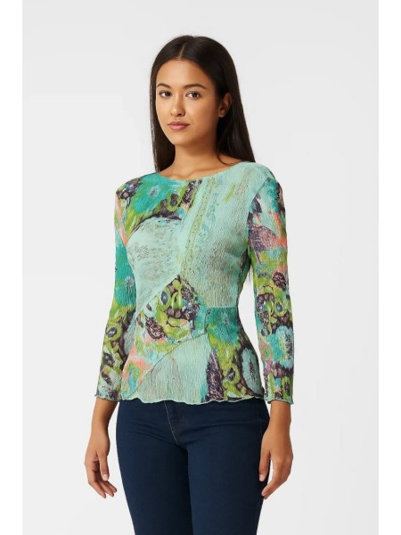 Camiseta plisada blanca con detalles verdes y manga francesa - Núria Aymerich