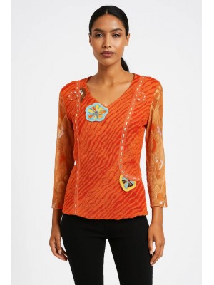 Camiseta plisada naranja en chiffon - Núria Aymerich