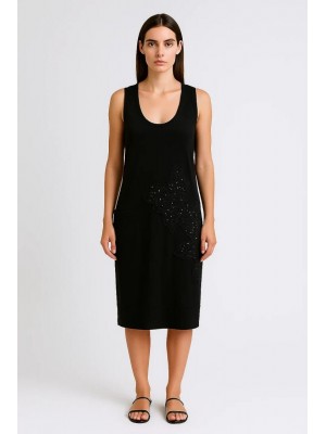 Vestido Negro Algodón Bordado & Pedrería – Escote Espalda