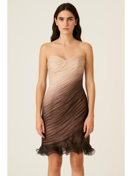 Vestido Drapeado Marrón Nude – Organza Efecto Fumé