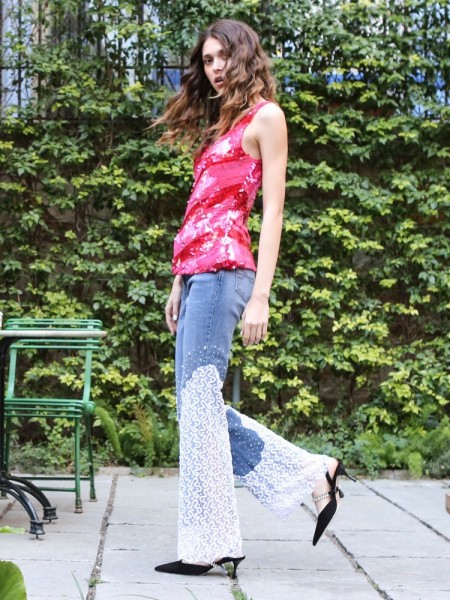 PANTALON TEJANO CON ENCAJE BEIGE