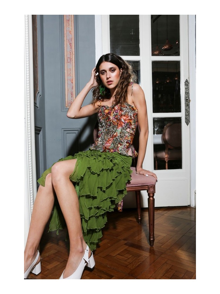 Falda Verde Volantes Seda Crepe