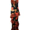 Vestido estampado con pedrería y volantes, negro orange Vestido estampado con pedrería y volantes, negro orange