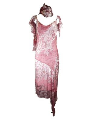 Vestido rosa palo con brocado floral marfil