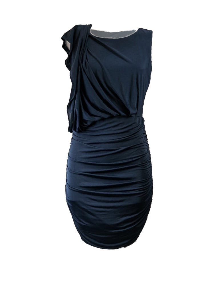 VESTIDO DRAPEADO AZUL NAVY MANGA CAPA VESTIDO DRAPEADO AZUL NAVY MANGA CAPA