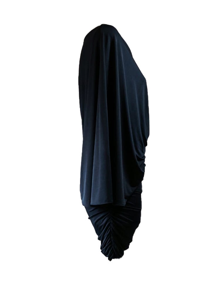 VESTIDO DRAPEADO AZUL NAVY MANGA CAPA VESTIDO DRAPEADO AZUL NAVY MANGA CAPA