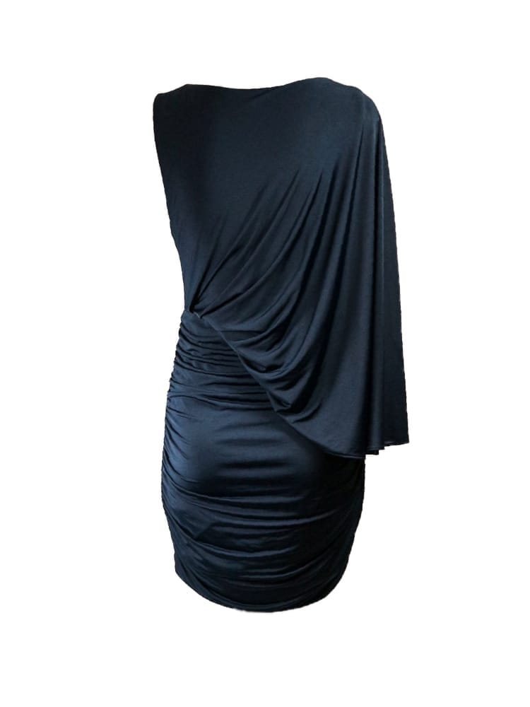 VESTIDO DRAPEADO AZUL NAVY MANGA CAPA VESTIDO DRAPEADO AZUL NAVY MANGA CAPA