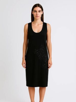 Vestido Negro Algodón Bordado & Pedrería – Escote Espalda
