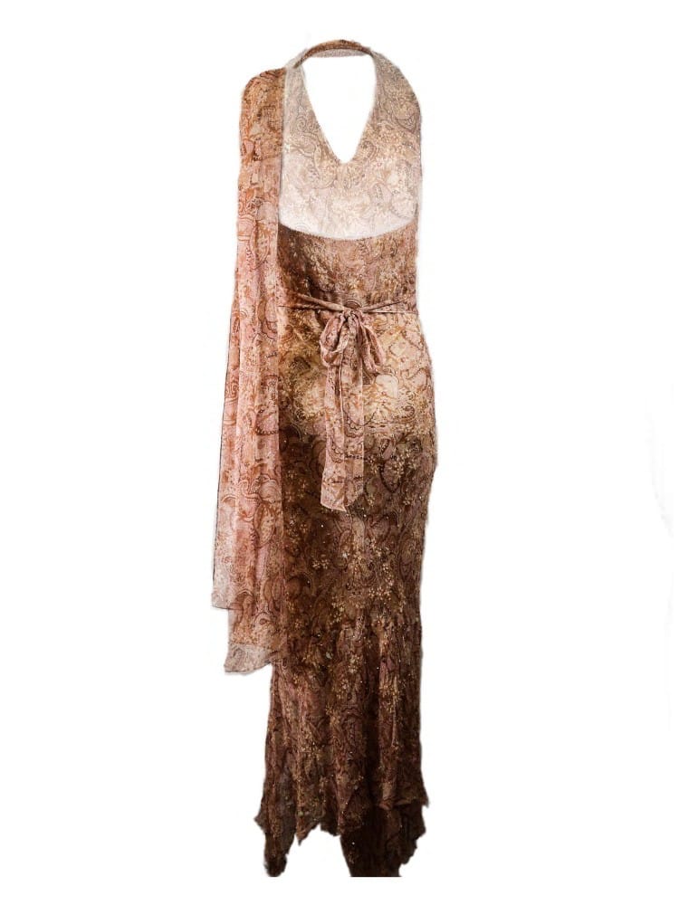 Vestido estampado con pedrería, rosa palo nude