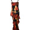 Vestido estampado con pedrería y volantes, negro orange