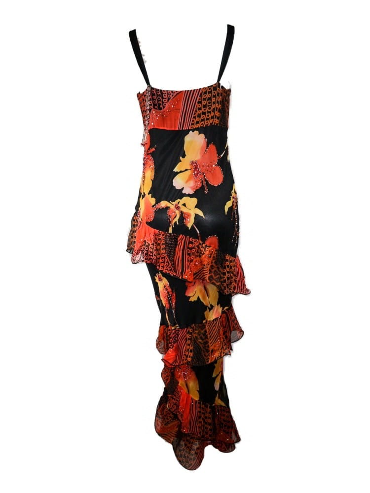 Vestido estampado con pedrería y volantes, negro orange