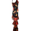 Vestido estampado con pedrería y volantes, negro orange