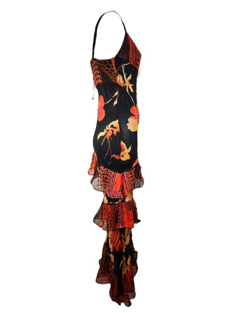 Vestido estampado con pedrería y volantes, negro orange