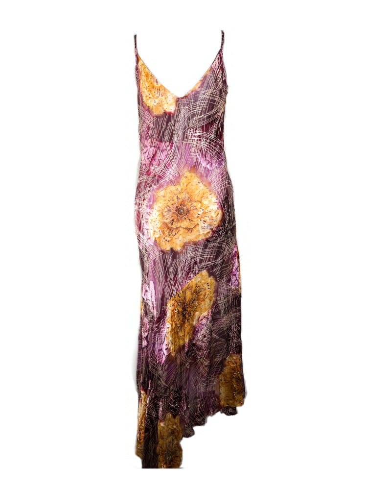 Vestido estampado con pedrería, lila y amarillo