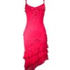 Vestido fucsia con pedrería y volantes asimétrico