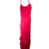Vestido fucsia con pedrería y volantes asimétrico