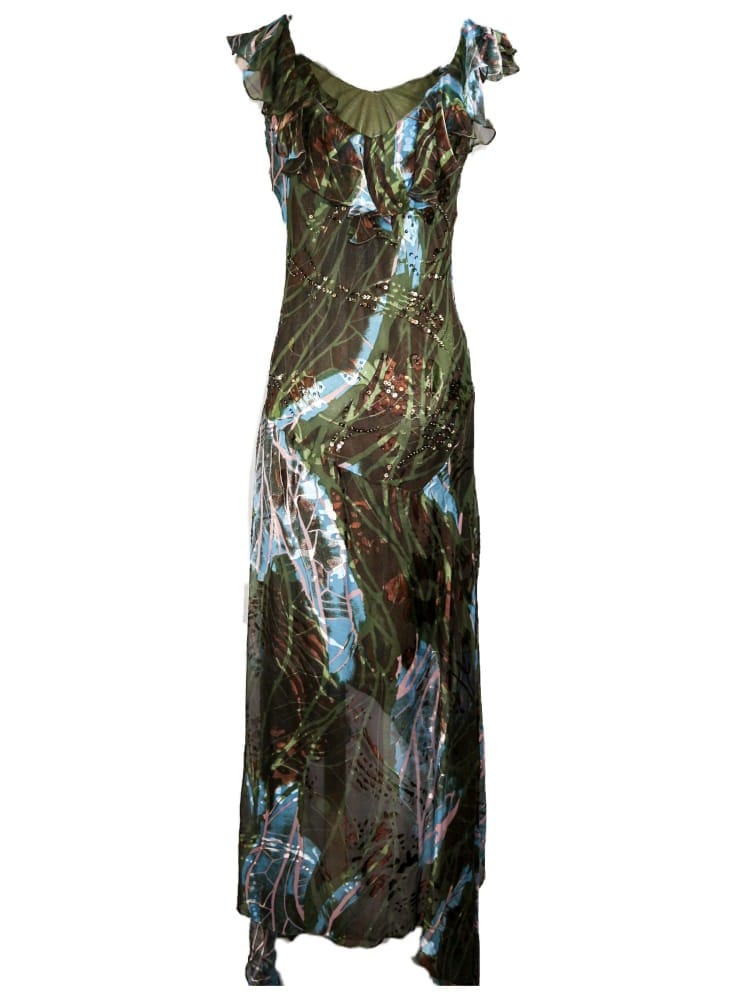 Vestido estampado con pedrería, verde alga y salvia con turquesas Vestido estampado con pedrería, verde alga y salvia con turquesas