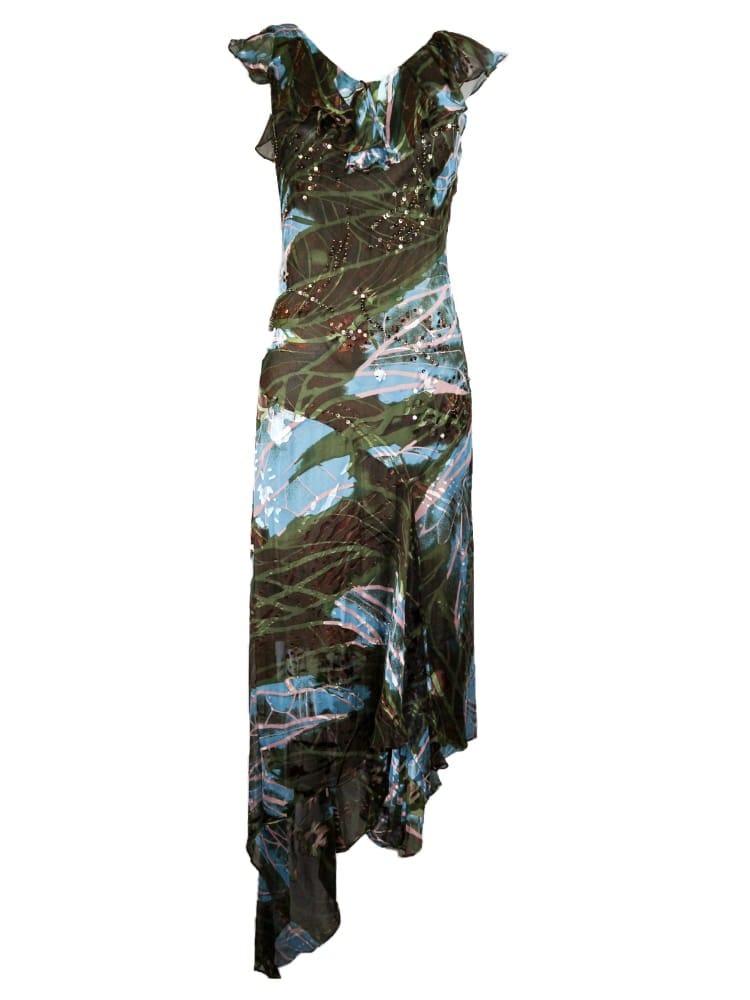 Vestido estampado con pedrería, verde alga y salvia con turquesas Vestido estampado con pedrería, verde alga y salvia con turquesas