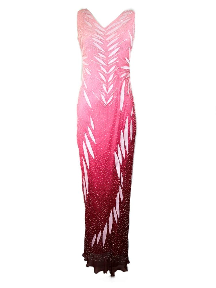 Vestido largo con pedrería, fumé transición rosa a fucsia Vestido largo con pedrería, fumé transición rosa a fucsia
