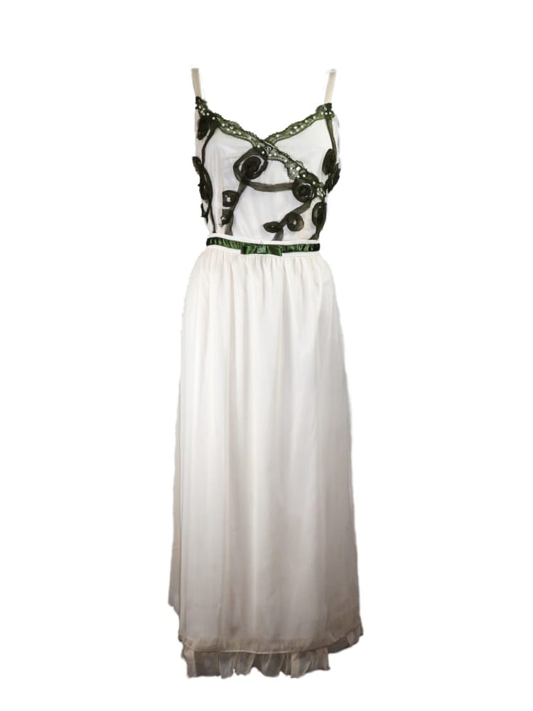 Vestido largo beige con tiras verdes