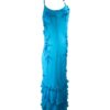 Vestido azul con pedrería y volantes asimétrico