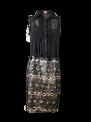 Vestido midi blouson negro, cuerpo tipo camisero